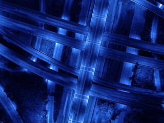 Expressway, Self-driving autonomous electric cars of the future with elements move along a busy traffic intersection. Artificial Intelligence, Car Scan, GPS Tracking, Smart Roads, IoT, highway