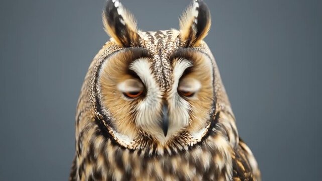 Long Eared Owl Perched on a Branch against a Gray Background in Slow Motion Natural Lighting Cinematic Quality