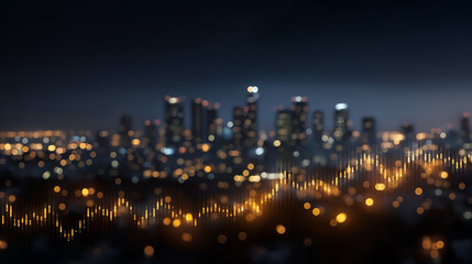 Fototapeta premium Night Cityscape with Dynamic Data: Capturing a mesmerizing view of a city at night, the photograph features a luminous, golden waveform overlayed, symbolizing progress, innovation.