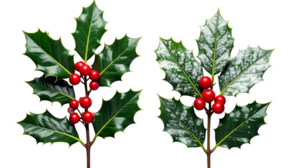 Two festive holly leaf and berry variations isolated on transparent background