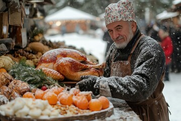 Man in hat and apron sells food.