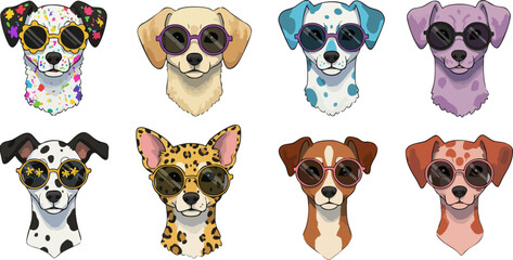 Collection of cute dogs wearing sunglasses in various colors and patterns design