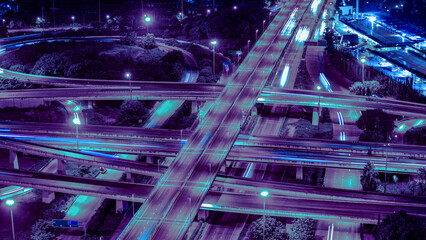 Expressway, Self-driving autonomous electric cars of the future with elements move along a busy traffic intersection. Artificial Intelligence, Car Scan, GPS Tracking, Smart Roads, IoT, highway