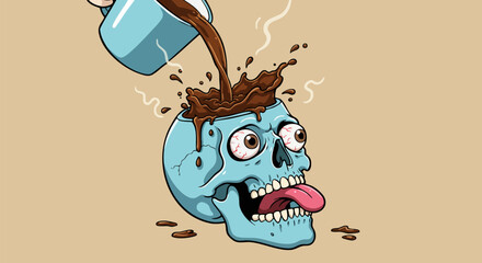 Coffee pouring into skull head illustration representing caffeine addiction concept