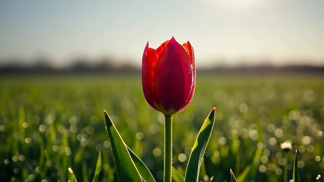 Red tulip in a dewy field