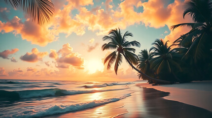 Tropical Beach Sunset with Palm Trees and Golden Sky