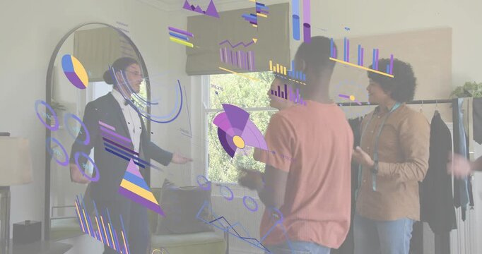 Fashion styling team inspecting suit fit on client entry with animated fit overlays in round mirror