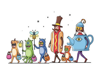 Halloween Costume Parade: A whimsical illustration of children in imaginative Halloween costumes trick-or-treating, showcasing a vibrant celebration.