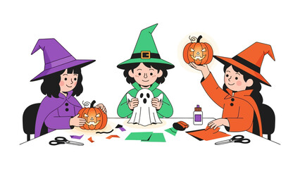 Halloween Crafting: Three children engrossed in a whimsical crafting session, meticulously preparing festive decorations, and showcasing the joy of the season.