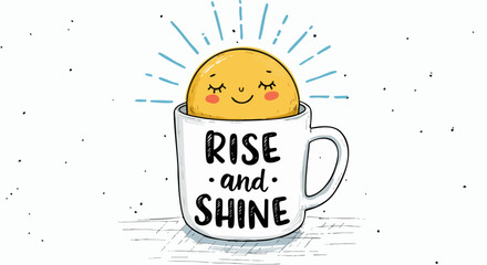 Smiling sun character in a mug with rise and shine text for a cheerful morning