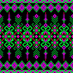 seamless geometric pattern
geometric pattern
floral and geometric pattern on a black background. The design mimics cross-stitch or ethnic embroidery, featuring intricate, symmetrical motifs with vivid