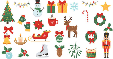 Christmas holiday icons, festive decorations, gifts, tree, snowman, reindeer, wreath, ornaments, seasonal design, vector illustration