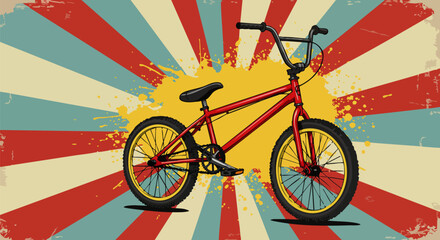 Fototapeta premium Red bmx bike with yellow wheels on a retro sunburst background for extreme sports