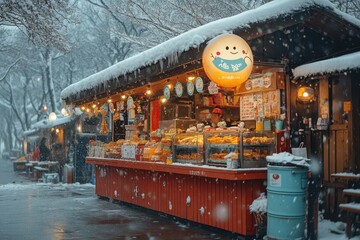 Snow-covered roof of a food stand.