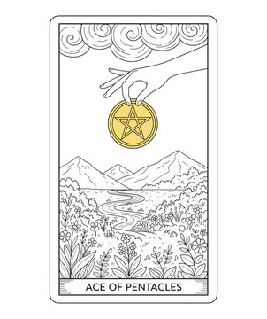 Ace of Pentacles tarot card in line art style