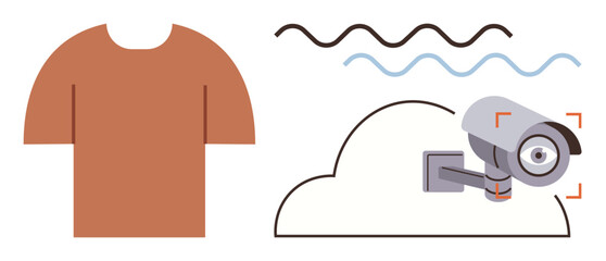 Security camera above cloud linked to monitoring, waves representing connection. T-shirt nearby. Ideal for security, IoT, retail, inventory, safety surveillance technology. Minimal flat concept