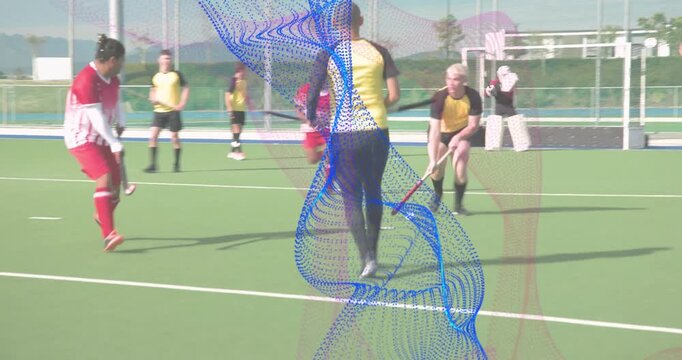 Field hockey forward tapping ball at circle driving yellow midfielder dribbling into counterattack