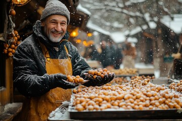 Man selling oranges in the snow.