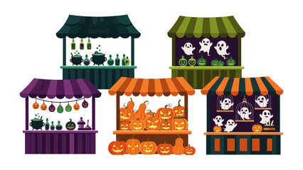 Spooky Halloween Booths: A collection of whimsical Halloween booths offering potions, pumpkins, and ghostly treats, each a miniature wonderland of spooky delight.