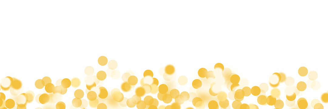 Light bokeh blur with golden glow and glitter. Vibrant abstract border with shiny circles, sparkle