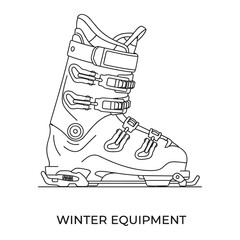 Ski boot line art illustration in black and white