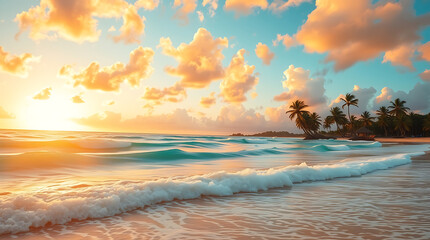 Tropical Beach Sunset with Palm Trees and Golden Sky