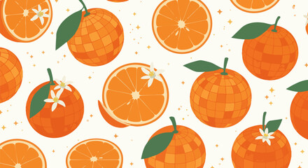 Vibrant orange fruit pattern with flowers and leaves on a bright background design