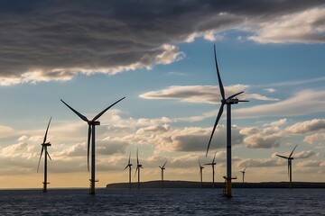 Dramatic wind farm at sea shows sustainable energy future with turbines silhouetted against cloudy sky, perfect for showcasing green solutions