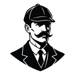 Classic gentleman detective bust with flat cap and moustache artistic portrait silhouette
