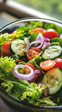 Freshly tossed salad with greens, tomato, cucumber, and onion rings in a glass bowl, ready to be served