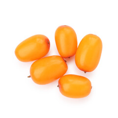 Fresh ripe sea buckthorn berries isolated on white, top view