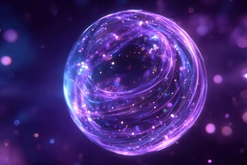 Abstract purple sphere made from waves rotating against a background of glowing particles. Neon digital orb fantasy magician shiny fractal energy turning technology animation.