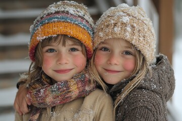 young girls in winter clothing and hats.