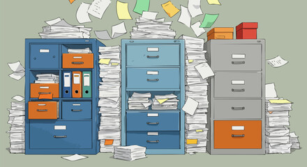 Overwhelmed office filing cabinets bursting with paperwork and falling documents