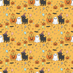 Happy halloween party seamless pattern background with adorable puppy dog wearing halloween costume, spooky pumpkin and glowing bat. Holidays cartoon character. -Vector