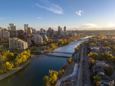 Aerial photograph of Calgary's downtown along the Bow River on a beautiful autumn evening.
