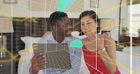 Couple studying tablet while woman generating network lines and cloud icon for cloud computing demo - Powered by Adobe