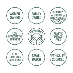 These stylish eco-friendly business graphics highlight essential sustainable values, featuring creative icons and text promoting environmental consciousness within modern branding.