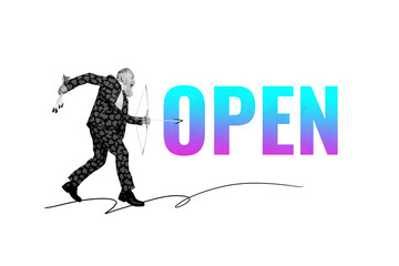 Composite photo collage of happy old businessman run bow arrow open project development startup aim...