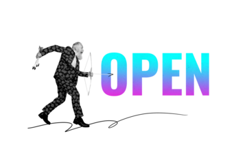 Composite photo collage of happy old businessman run bow arrow open project development startup aim isolated on painted background