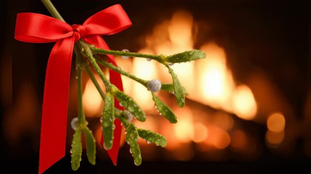 Festive mistletoe branch adorned with red bow near glowing fire