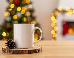 Minimal white mug mockup with pinecone, wooden coaster, and blurred Christmas lights in background – clean holiday design style