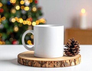 Minimal white mug mockup with pinecone, wooden coaster, and blurred Christmas lights in background – clean holiday design style