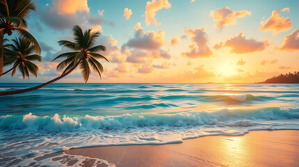 Tropical Beach Sunset with Palm Trees and Golden Sky