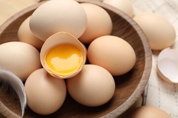 Raw chicken eggs in bowl and feather on table, closeup