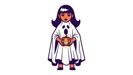 Little Ghost with Pumpkin: A charming cartoon depicts a little girl in a ghost costume, holding a carved pumpkin lantern, ready for Halloween festivities.