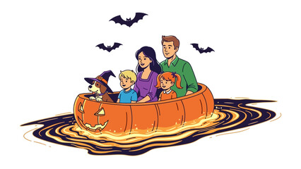 Halloween Family Pumpkin Boat: A delightful family and their pet embark on a spooky adventure in a carved pumpkin boat, sailing through the Halloween night.
