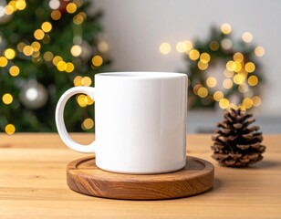 Minimal white mug mockup with pinecone, wooden coaster, and blurred Christmas lights in background – clean holiday design style