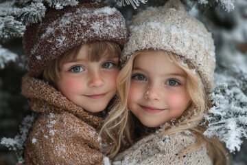 little girls in winter clothes hugging each other warmly.