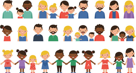 Diverse family and children characters, parents with kids, happy friends holding hands, community togetherness, multicultural lifestyle vector illustration